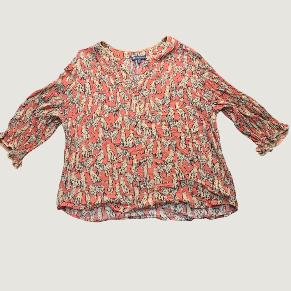 Democracy Blouse XL Safari Tiger Leopard Print 3/4 Sleeve Henley Pink Coral